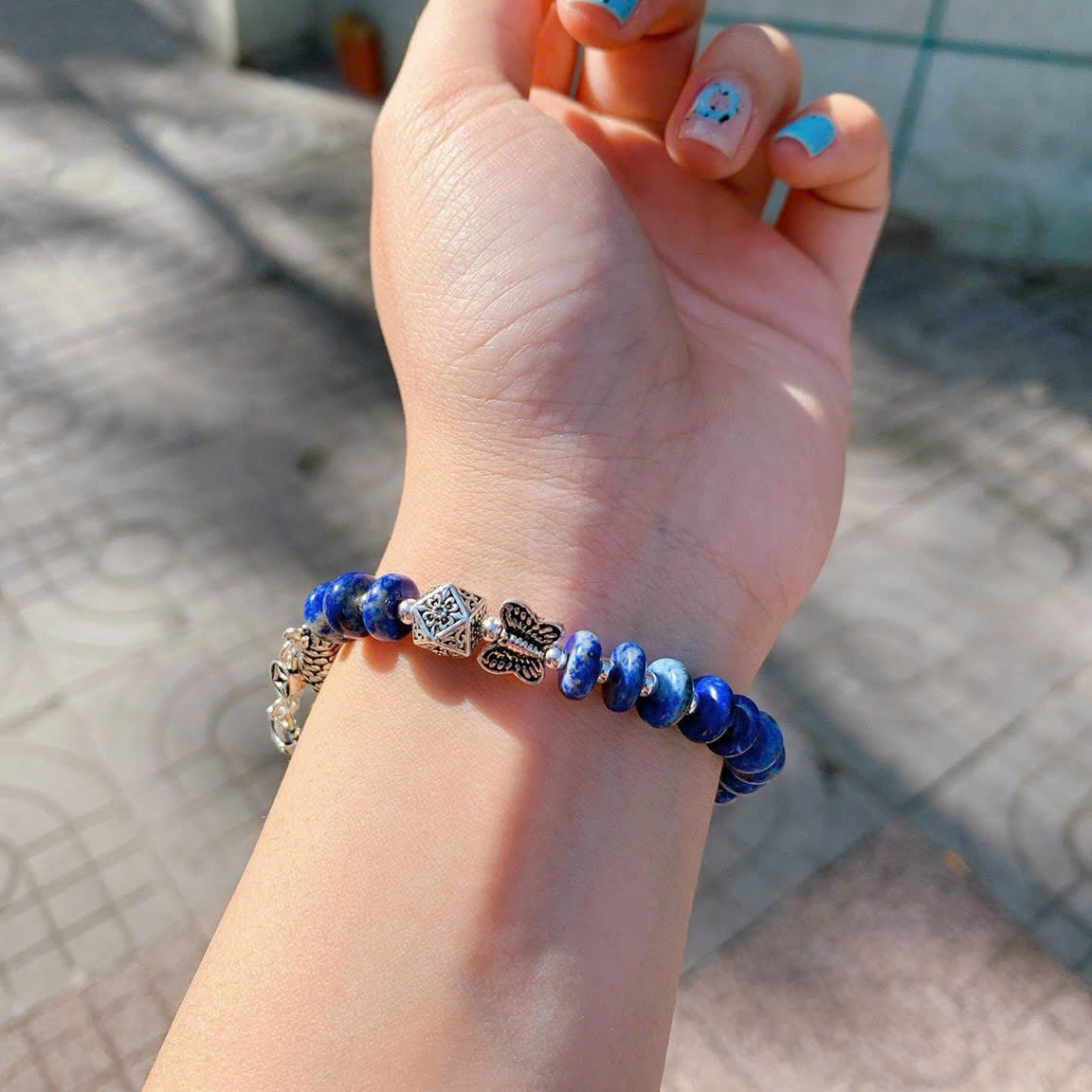 Vòng đá Lapis mix charm bạc 925 đẹp